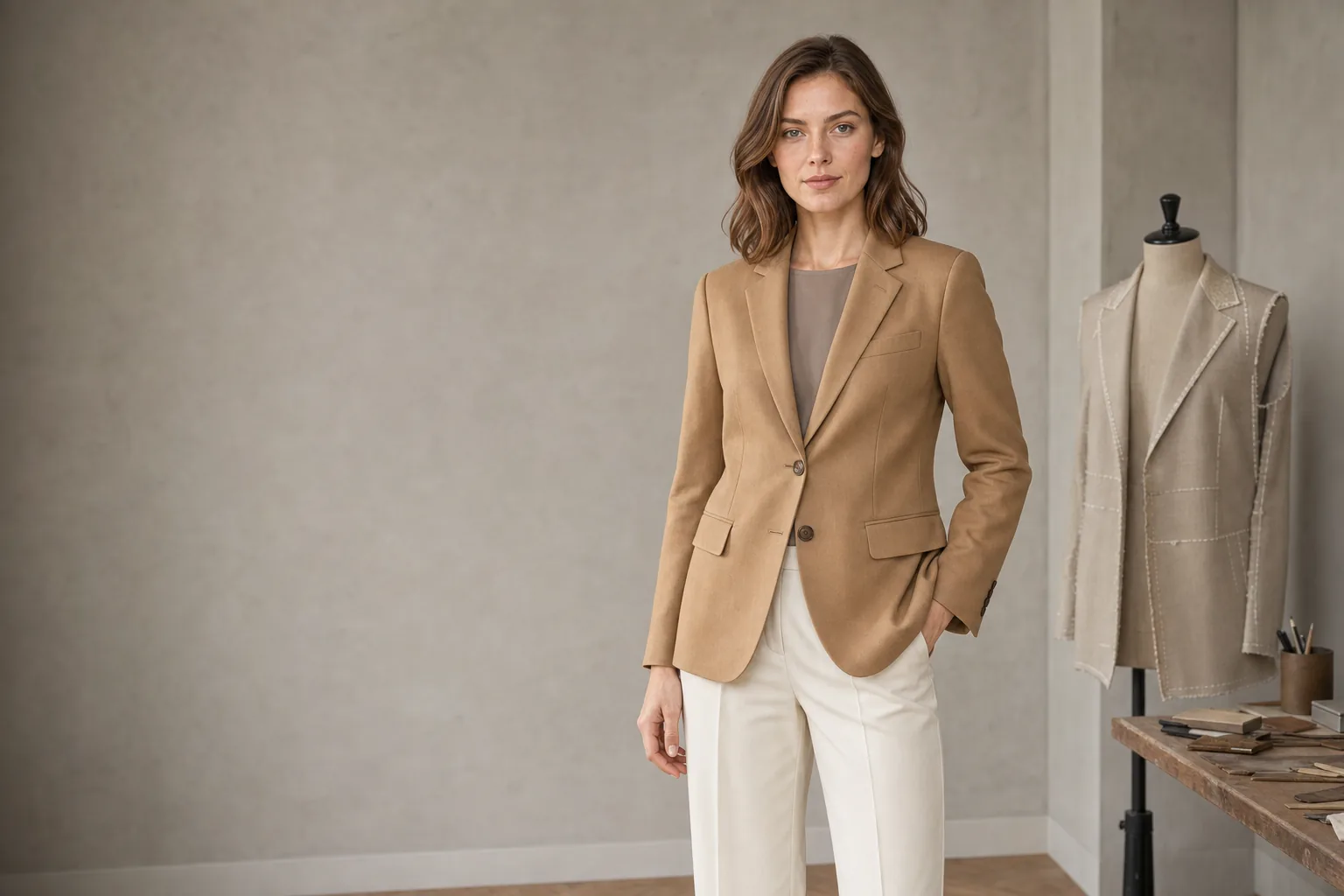 Adult female model wearing a camel single-breasted woven blazer with light trousers in a tailoring studio.