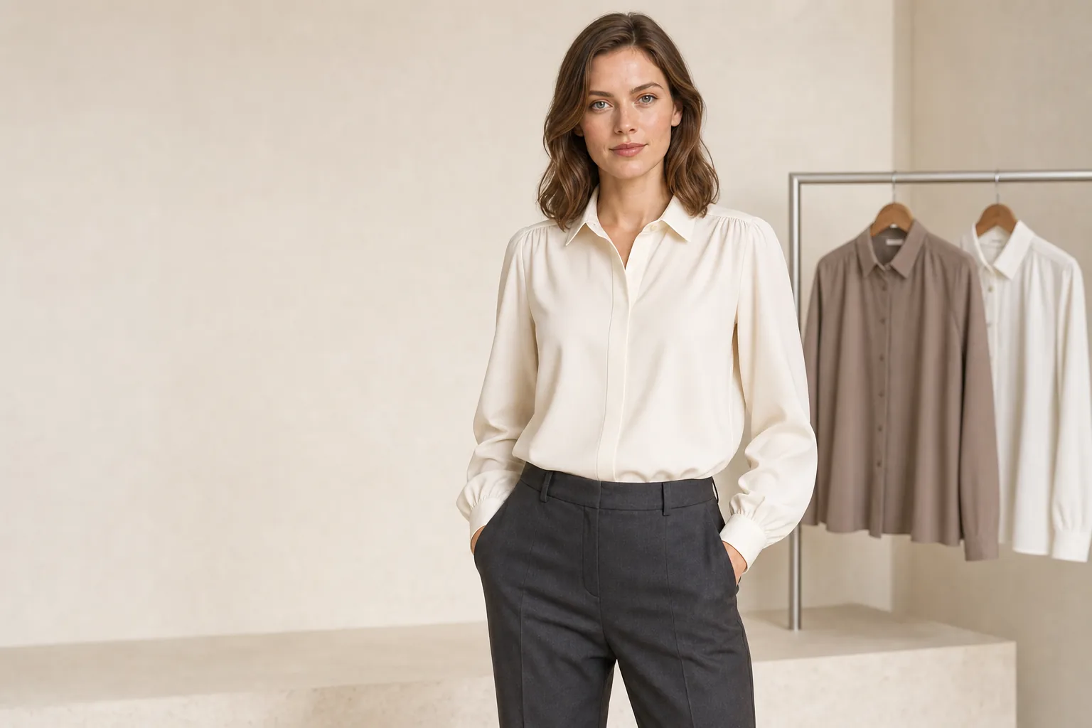 Adult female model wearing an ivory woven shirt with dark tailored trousers in a neutral sample studio.