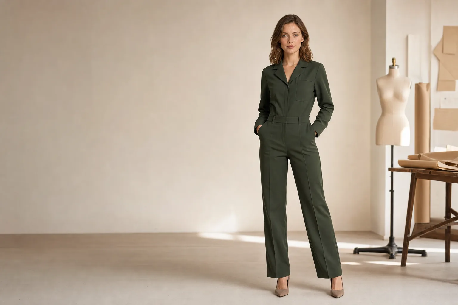 Adult female model wearing a dark green long-sleeve woven jumpsuit in a neutral garment development studio.