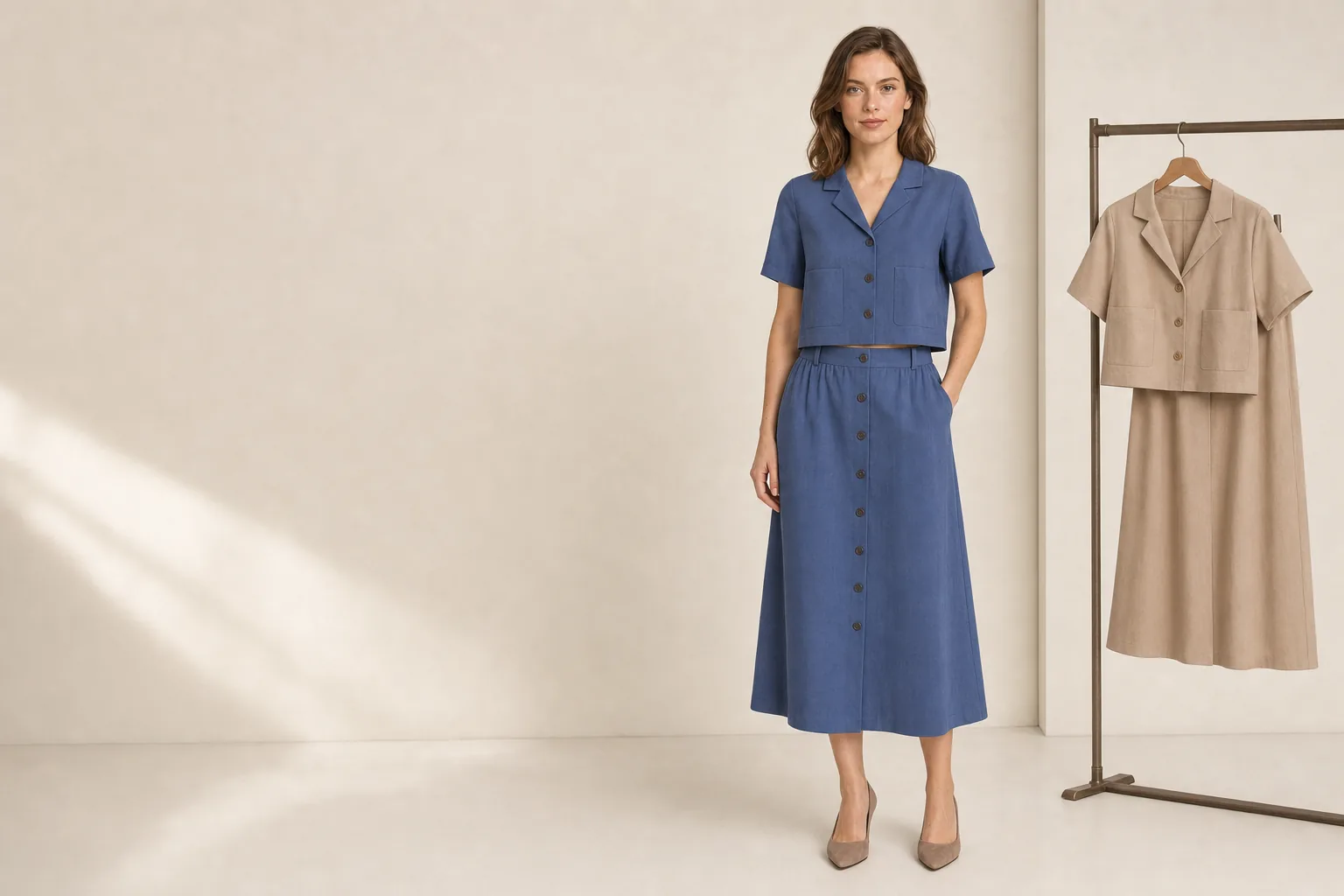 Adult female model wearing a blue cropped woven top and coordinated button-front midi skirt in a sample studio.