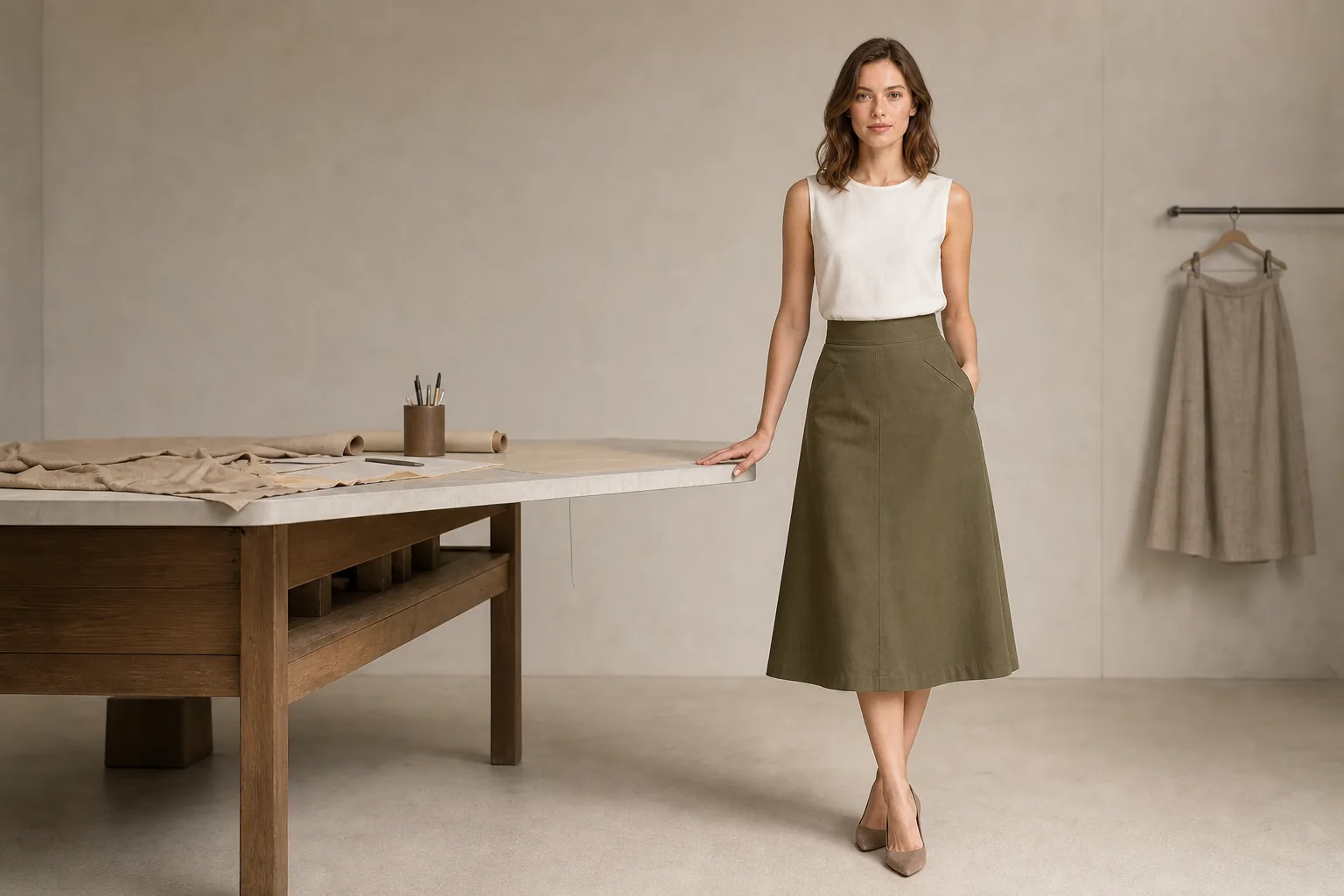 Adult female model wearing an olive A-line woven midi skirt in a neutral apparel development studio.