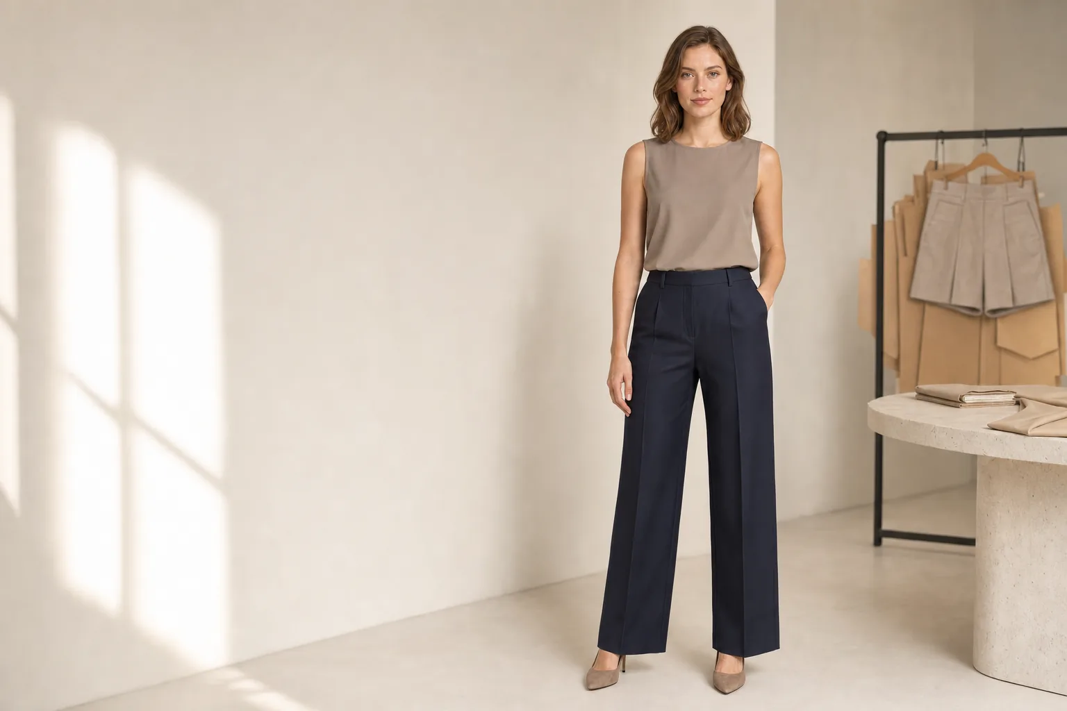 Adult female model wearing navy wide-leg woven trousers in a softly lit apparel sample studio.