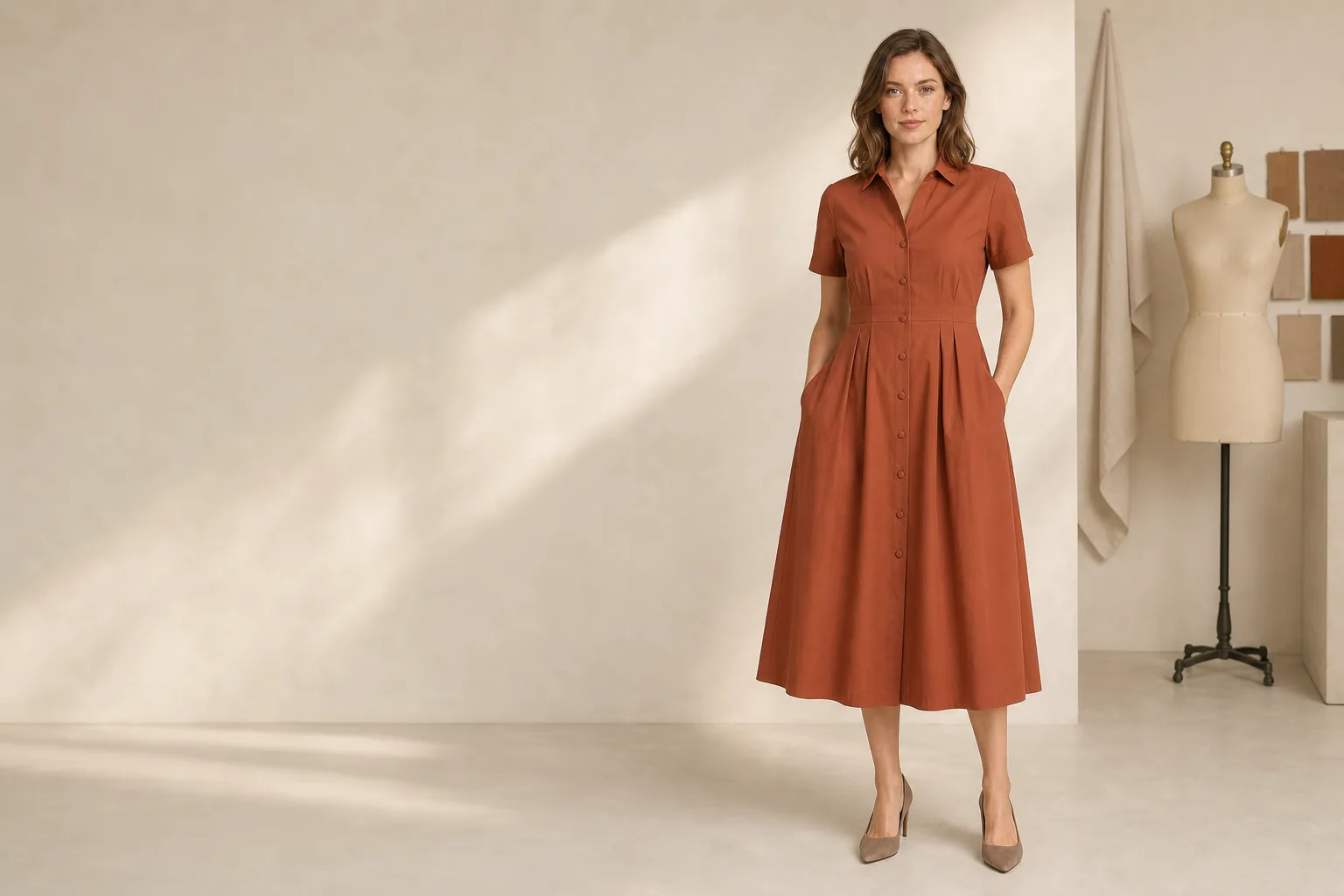 Adult female model wearing a rust button-front woven midi dress in a neutral apparel sample studio.