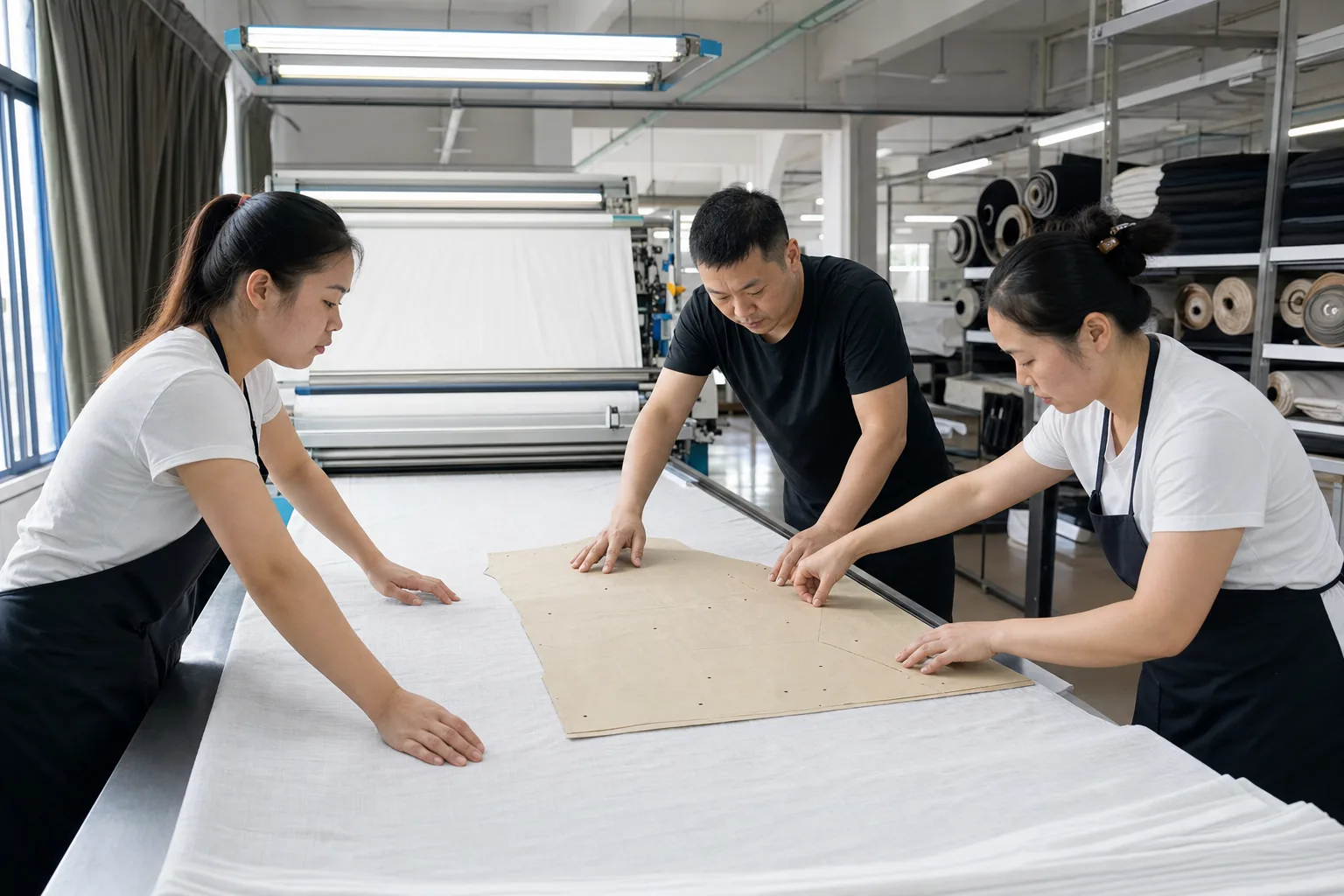 Chinese technicians inspecting, spreading and cutting woven fabric