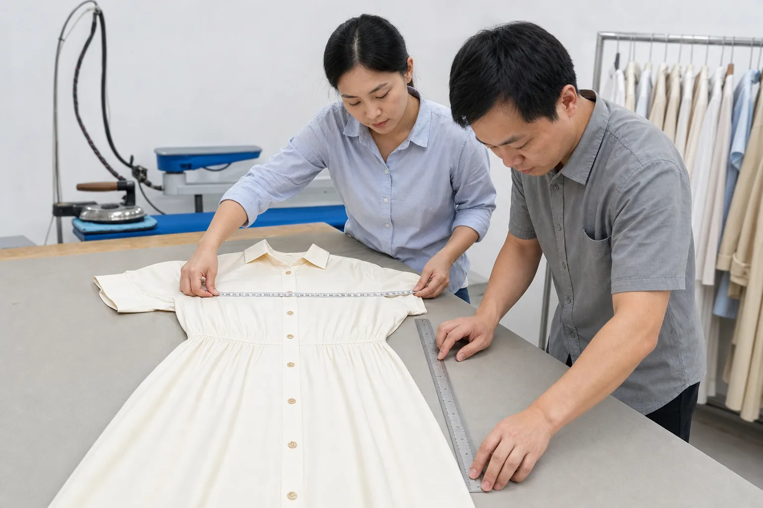 Chinese quality inspector measuring and reviewing a woven garment