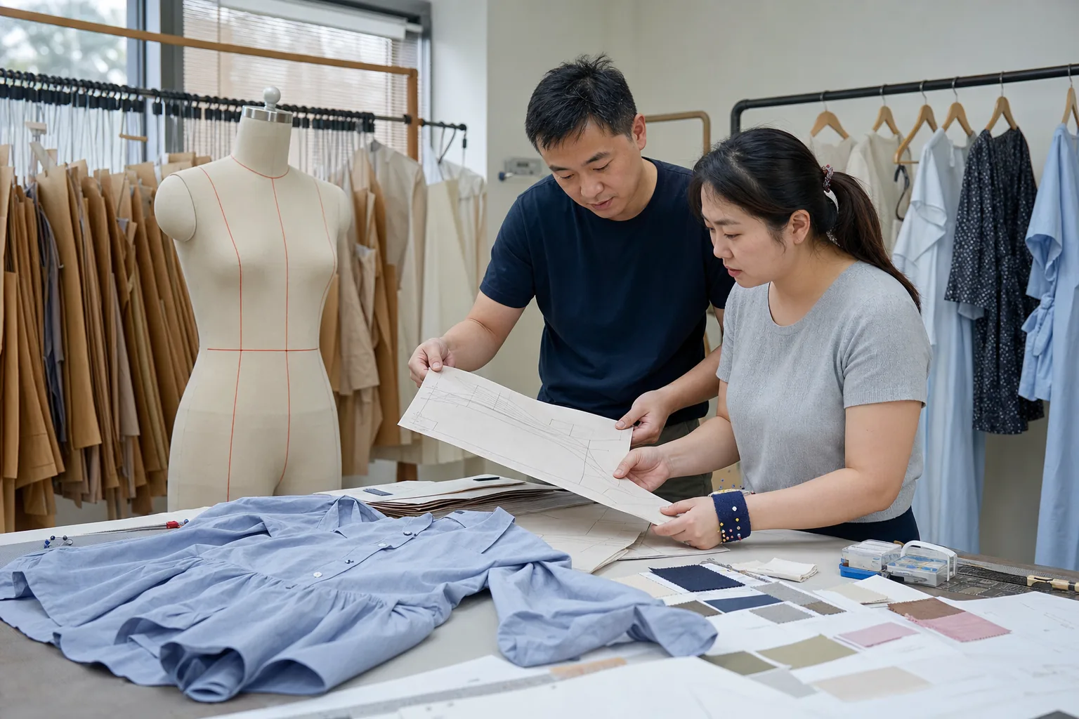 Chinese pattern maker and sample technician reviewing woven womenswear patterns and a garment sample
