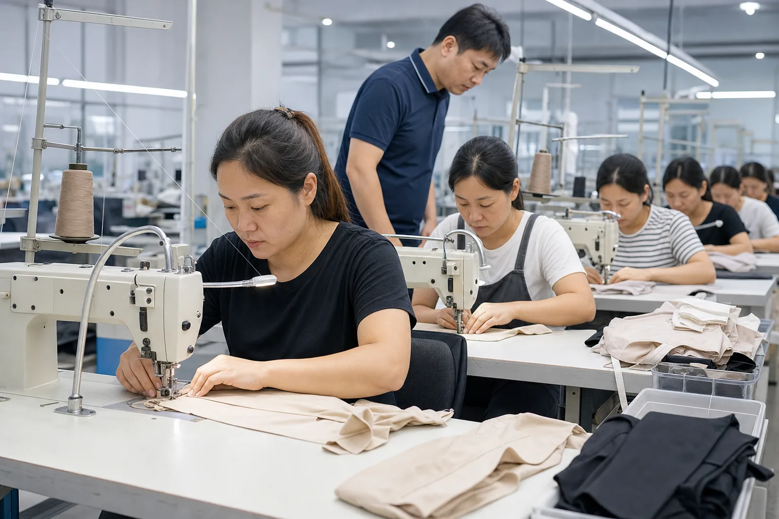 Chinese operators on a woven womenswear sewing production line