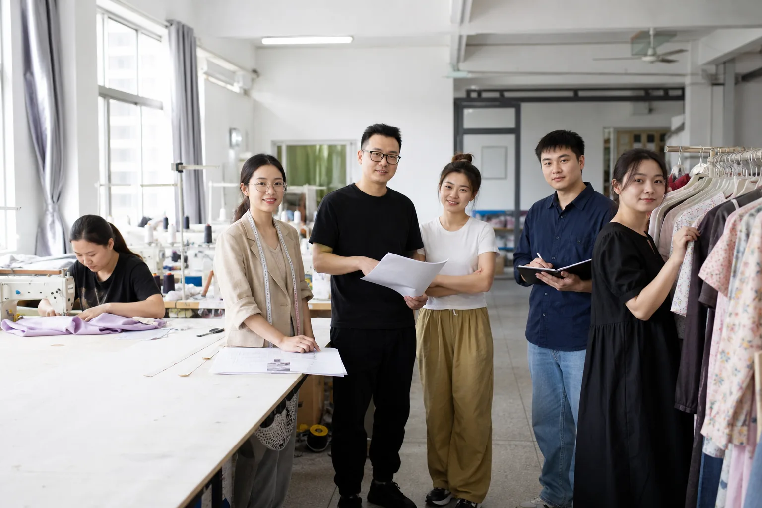 Chinese woven womenswear team working together in the factory workshop