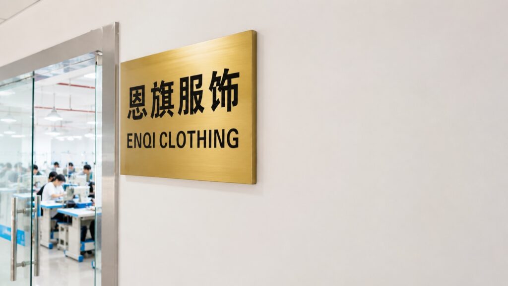 Brass Enqi Clothing sign at the Dongguan factory entrance with the sewing workshop behind glass