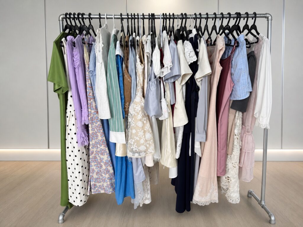 Rail of woven womenswear samples in the Enqi sample room, covering dresses, shirts, skirts and sets