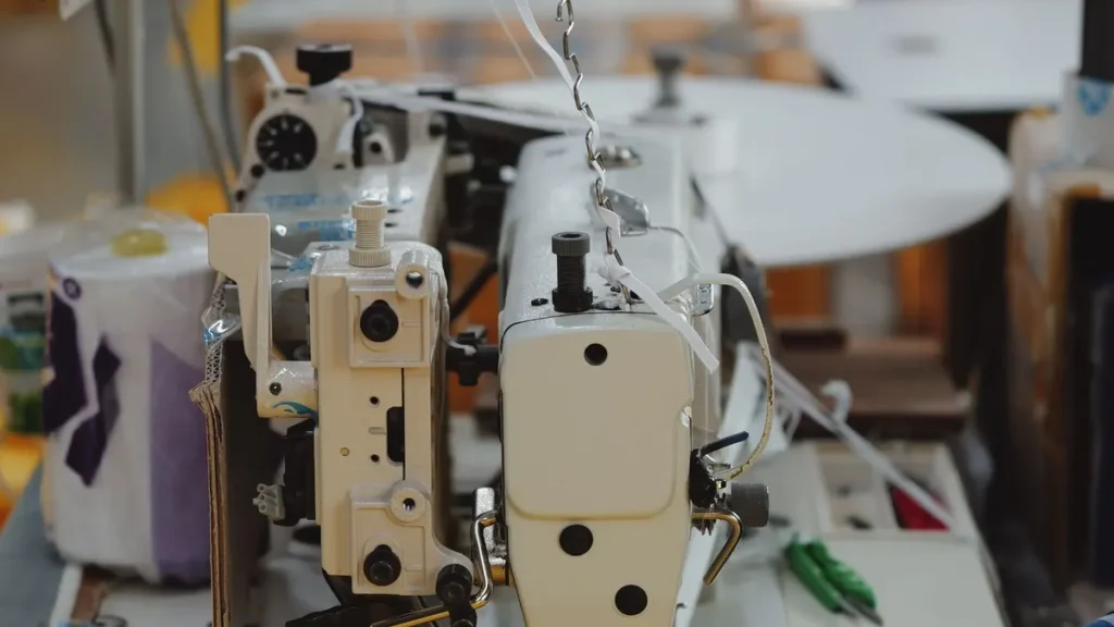 Industrial sewing machines operating during garment production