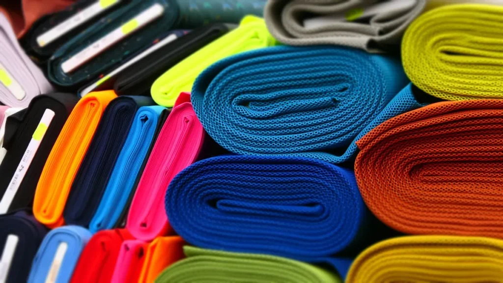 Colourful rolls of woven fabric displayed for material selection