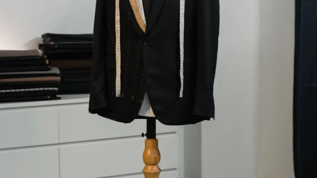 Tailored jacket on a dress form with a measuring tape during a fit review